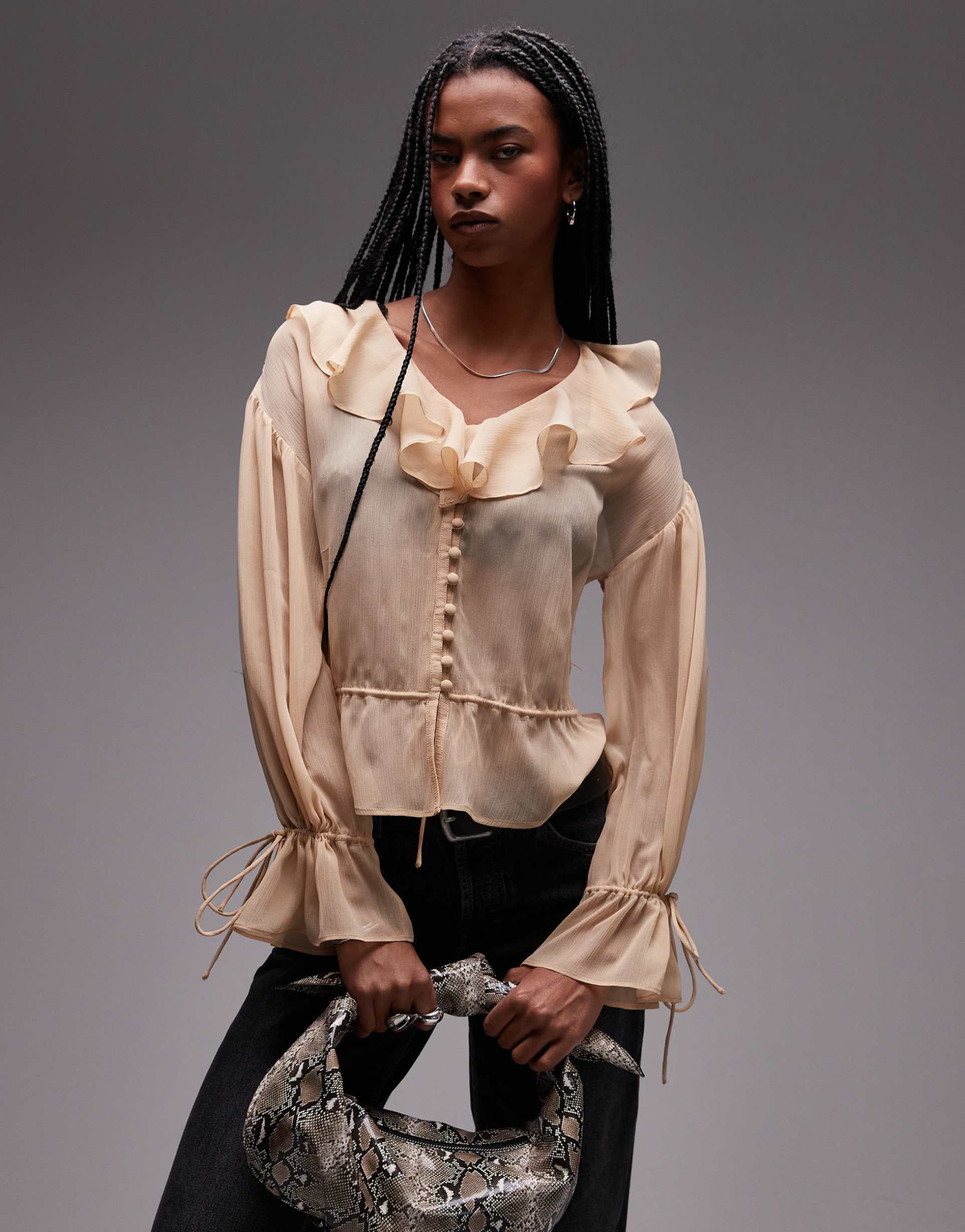 topshop sheer ruffle tie front top in beige