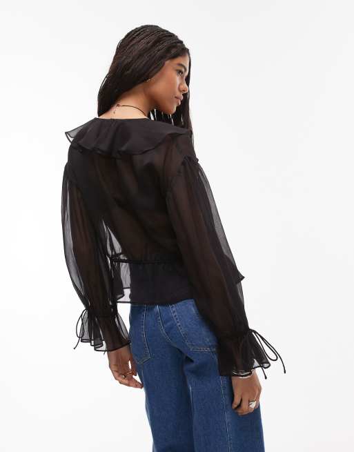 Topshop sheer ruffle tie front top in black , 3 of 4