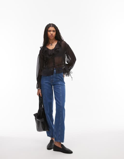 ToBeInStyle Women's Sheer Ruffle Seam Tube Top - Stretchy Cotton/Spandex, Sizes S-L - View #3