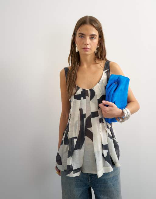 Topshop sheer sleeveless pintuck cami top in black-and-white print, 2 of 4