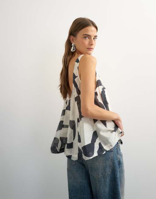 Topshop sheer sleeveless pintuck cami top in black-and-white print, 4 of 4