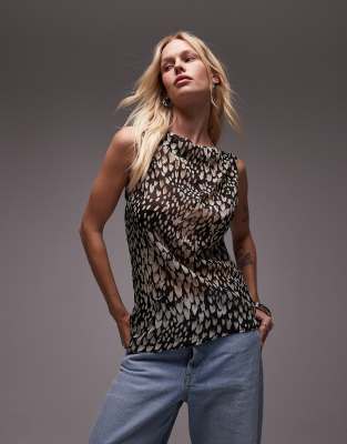 sheer sleeveless top in mono animal print-Brown