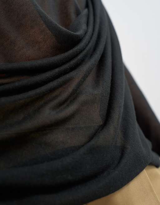 Topshop sheer slubby drape detai long sleeve top in black, 3 of 4