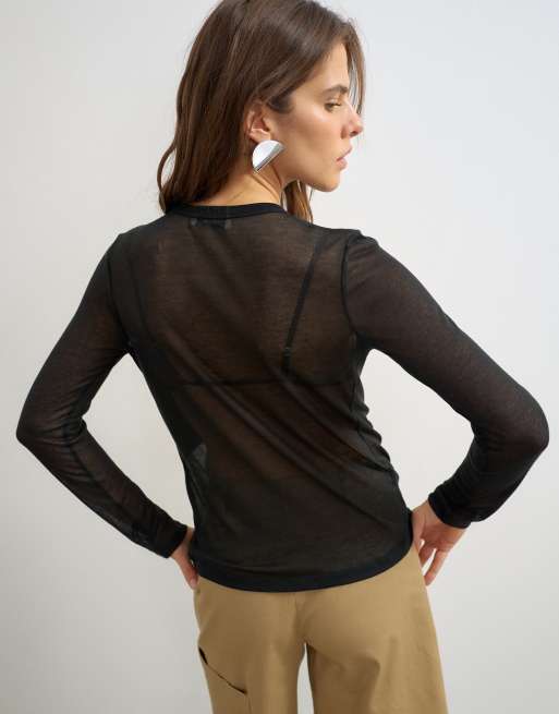 Topshop sheer slubby drape detai long sleeve top in black, 4 of 4