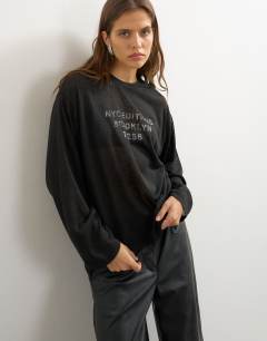 Sheer slubby graphic 'NYC' long sleeve top in black