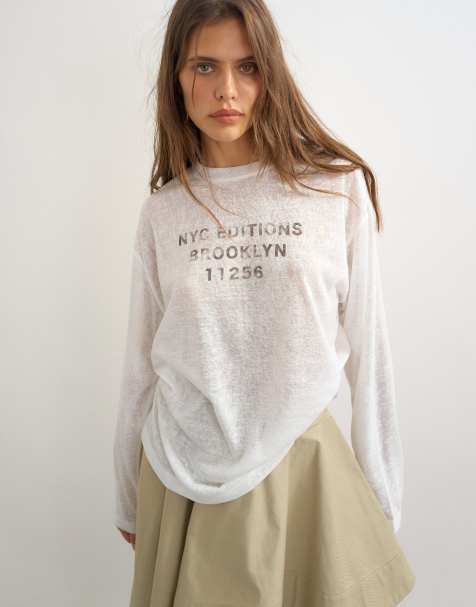 Topshop sheer slubby graphic 'NYC' long sleeve top in ecru - view 1