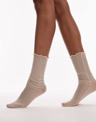 Topshop Sheer Socks With Frill Edge In Off White