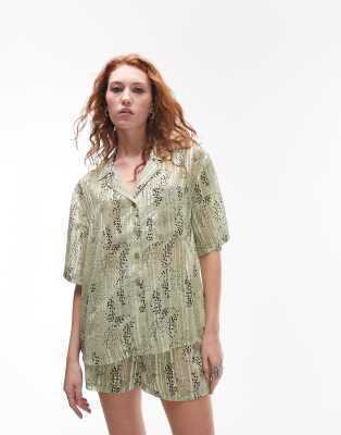 Topshop Sheer Spot Print Shirt And Short Pajama Set In Sage-green