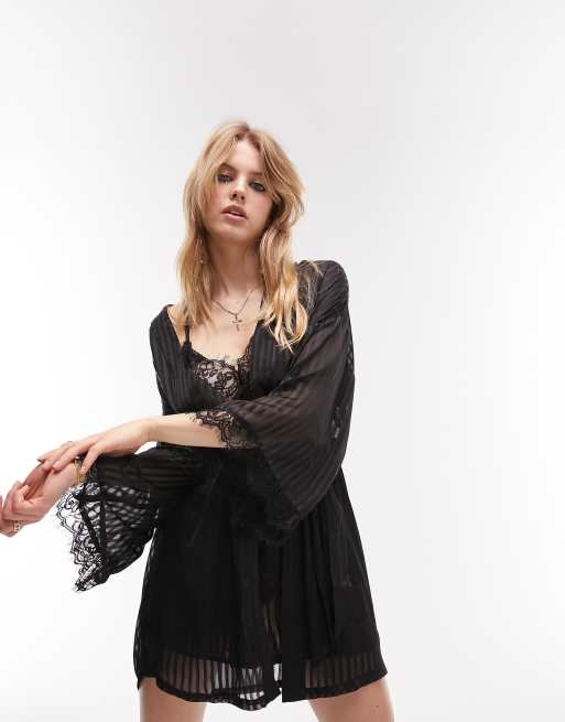 Topshop sheer stripe lace robe in black