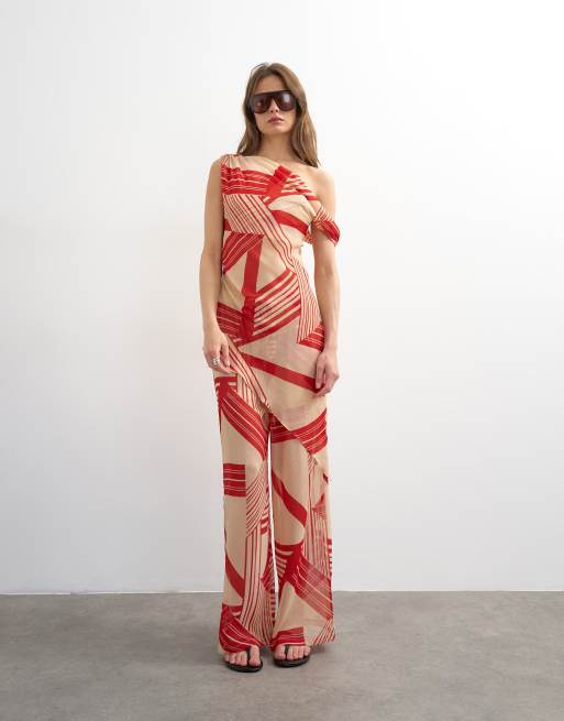 Topshop sheer stripe print off shoulder top co-ord in red, 3 of 4