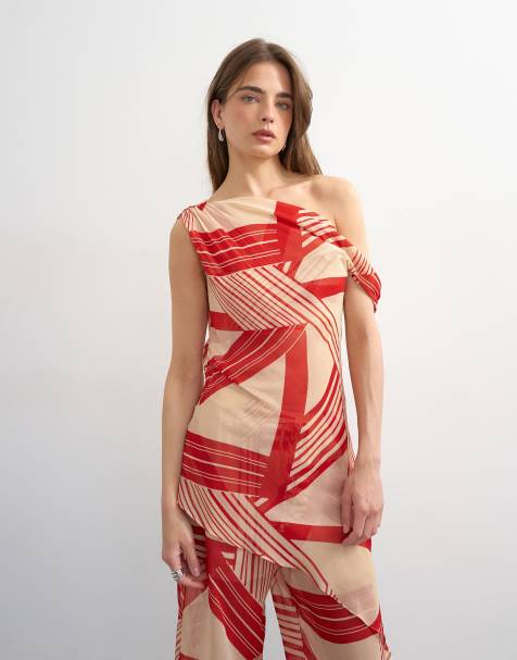 Topshop sheer stripe print off shoulder top in red (part of a set) - view 1