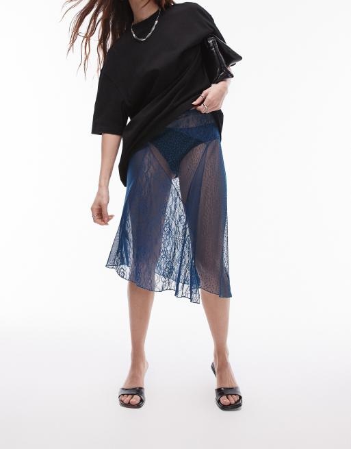 Topshop sheer textured mesh paneled 90s length skirt in gunmetal blue