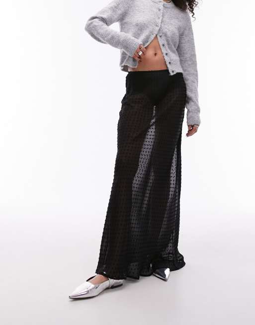 Topshop sheer textured spot maxi skirt in black