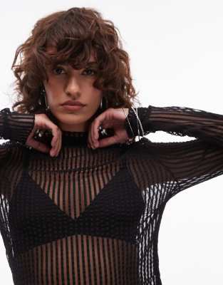 Topshop Sheer Textured Stripe Long Sleeve Top In Black