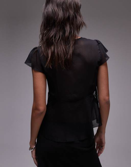 Topshop sheer tie front cap sleeve top with lace inserts in