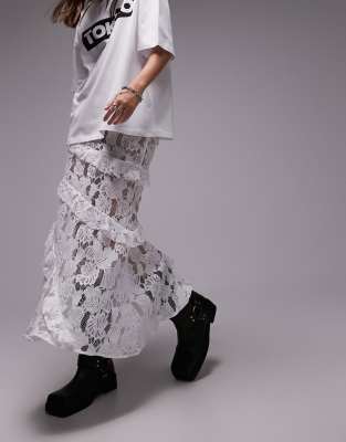 Topshop Shell Lace Ruffle Midi Skirt In White