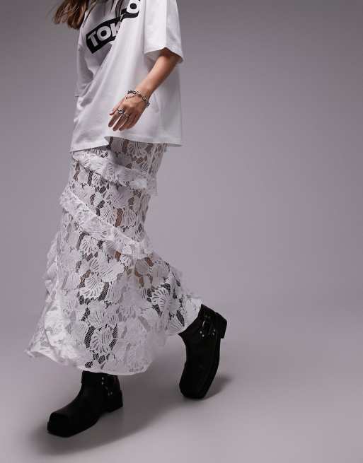 Topshop shell lace ruffle midi skirt in white ASOS