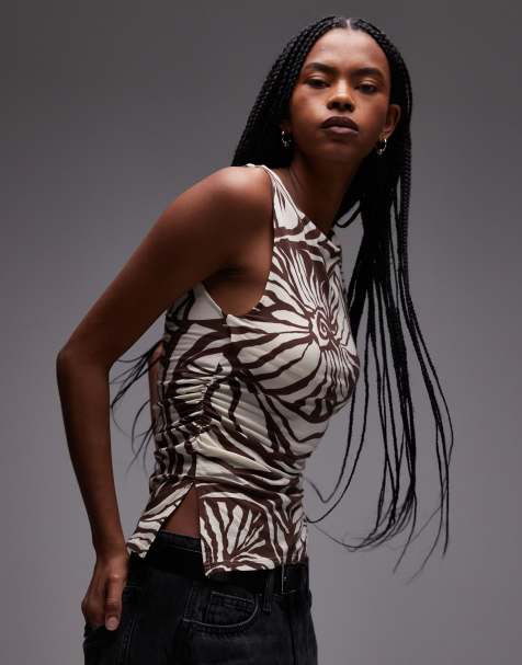 Topshop shell print slash neck tank in brown - view 1