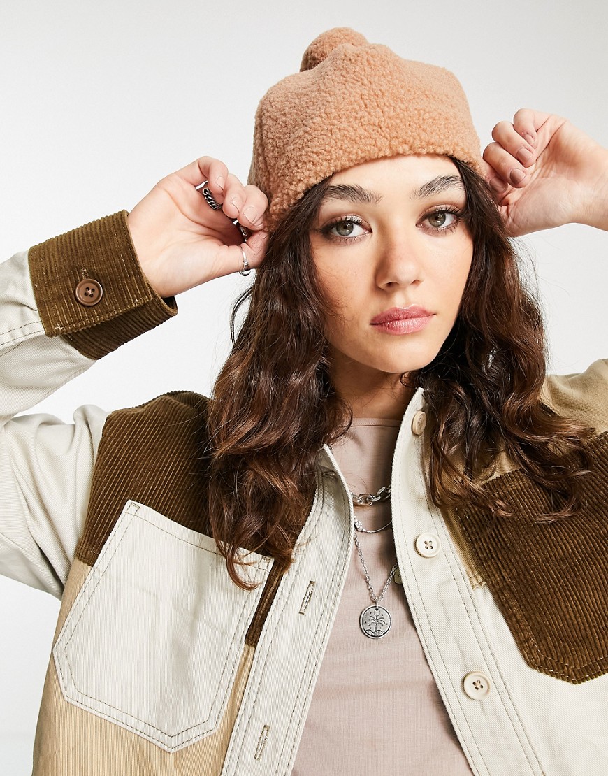Topshop sherpa beanie with pom in cream-Neutral