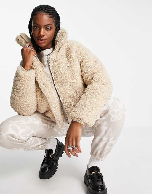 Topshop sherpa mid length puffer jacket in cream