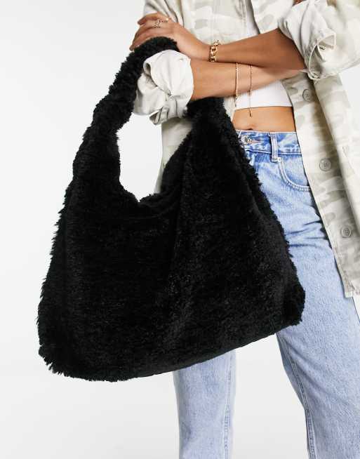 Topshop sherpa slouch shoulder bag in black