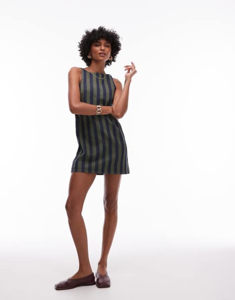 Topshop - Shift-minikjole med kakigrønne striber i denim - view 1