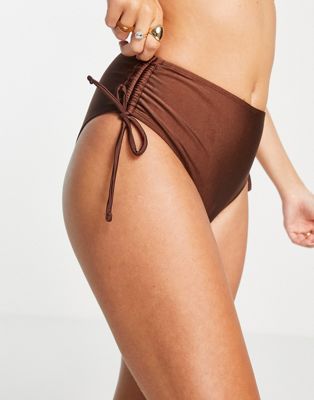 Topshop shiny ruched high waist bikini bottoms in chocolate