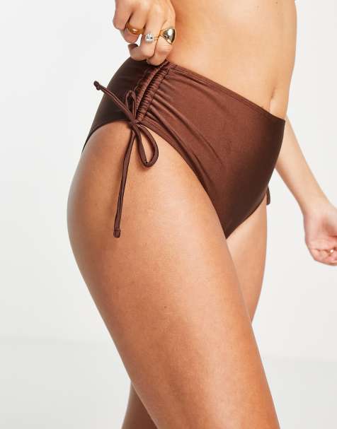 Topshop shiny ruched high waist bikini bottoms in chocolate - view 1