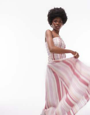 shirred bandeau midi dress in pink stripe