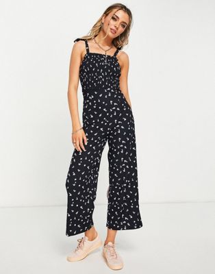 Topshop Shirred Bodice Jumpsuit In Ditsy Floral Print-black | ModeSens