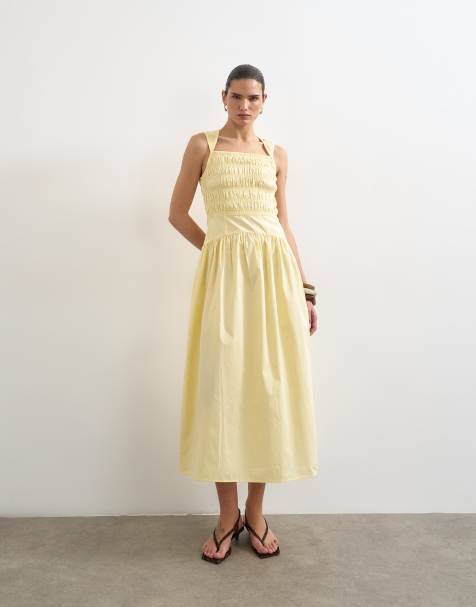 Topshop shirred bust dropped waist midi poplin dress in buttermilk - view 1