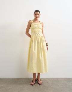 Shirred bust dropped waist midi poplin dress in buttermilk