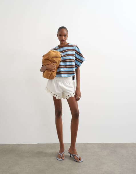 Topshop shirred detailing tap shorts in ecru - view 1