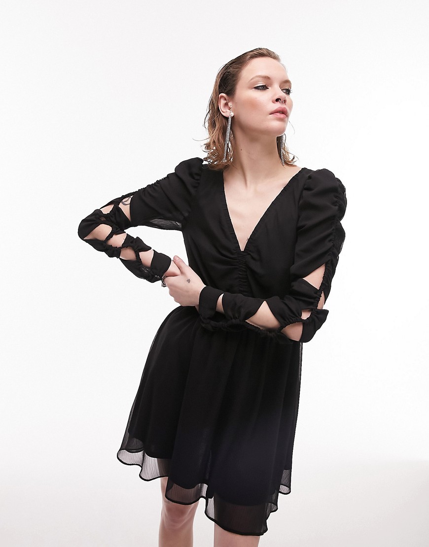 Topshop shirred elasticated arm detail V neck mini tea dress in black