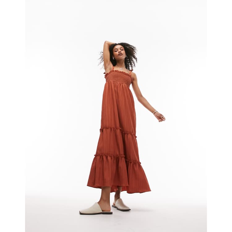 Topshop shirred embroidered textured beach maxi dress in rust | ASOS