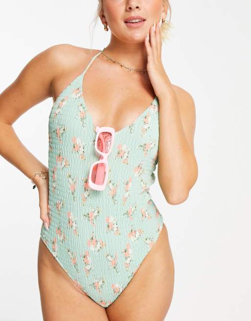 Topshop shirred floral one piece swimsuit in sage