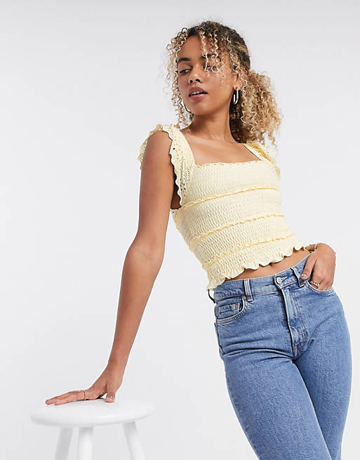 Topshop shirred frill sleeve top in yellow