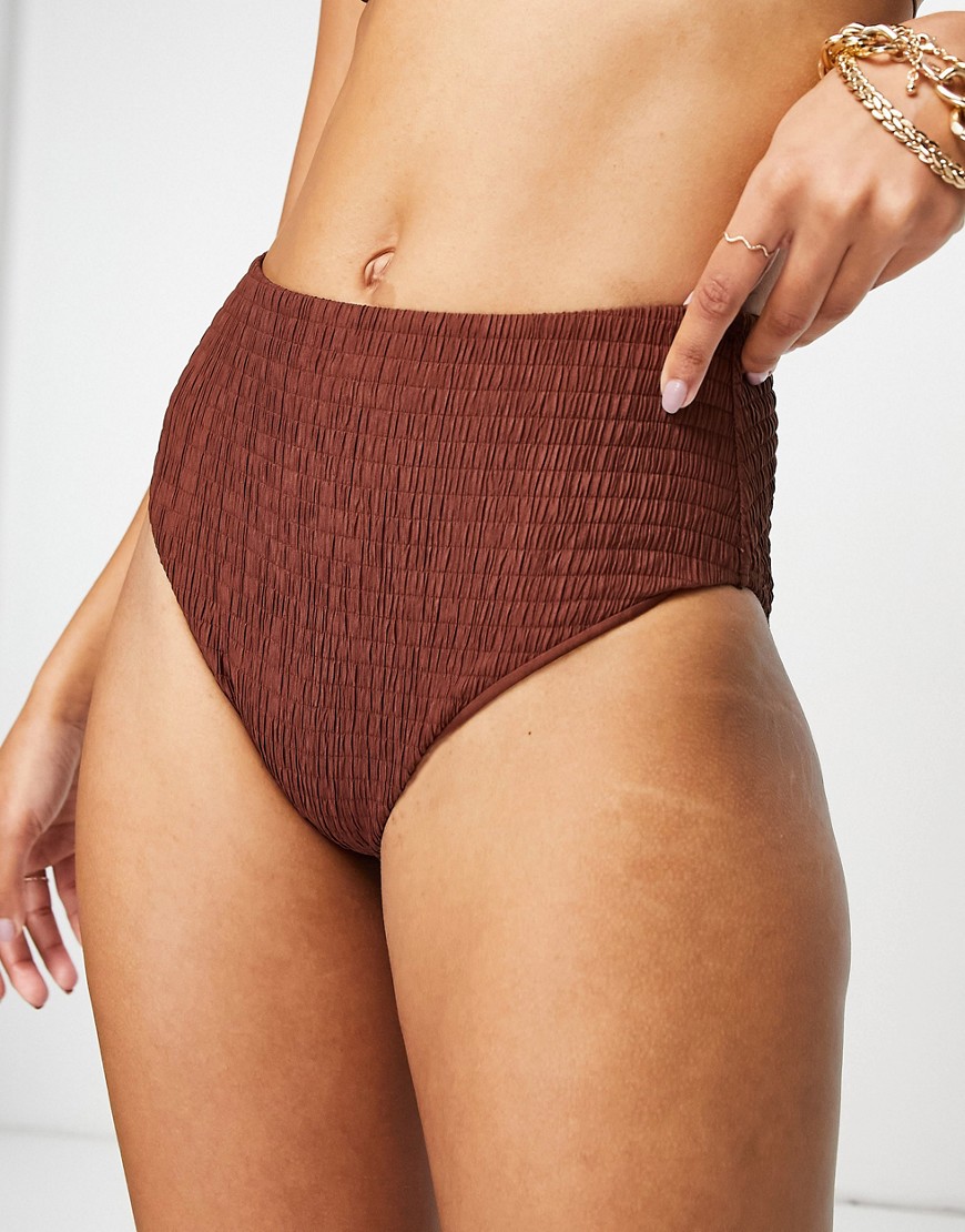 Topshop shirred high waist bikini bottom in chocolate-Brown