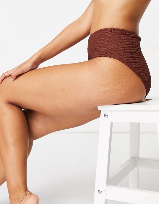 Topshop shirred high waist bikini bottom in chocolate ASOS