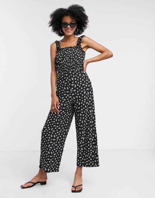 Topshop shirred jumpsuit in black floral | ASOS