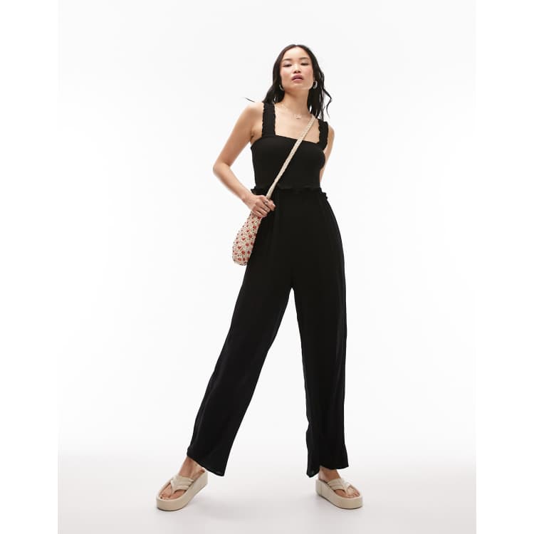 Topshop shirred jumpsuit in black | ASOS