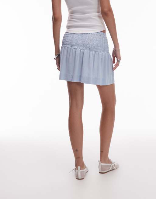 Topshop shirred linen mini skirt in light blue, 3 of 5