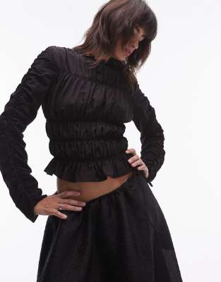 shirred long sleeve top in black