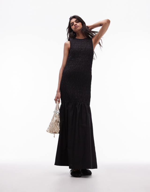 Topshop - shirred maxi dress with contrast top stitch in black