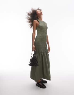 shirred maxi dress with contrast top stitch in khaki-Green