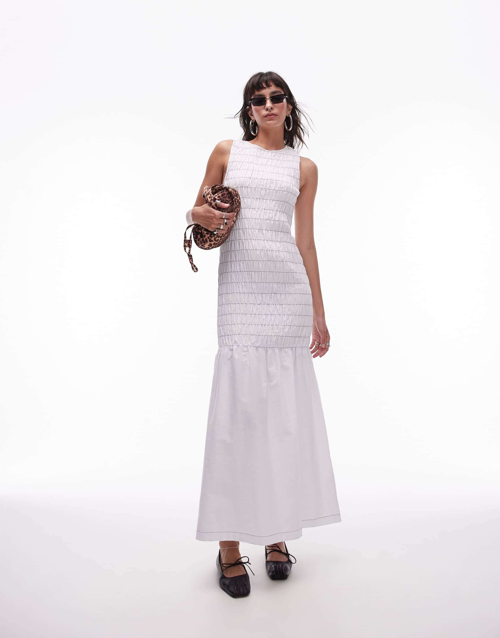topshop shirred maxi dress with contrast top stitch in white
