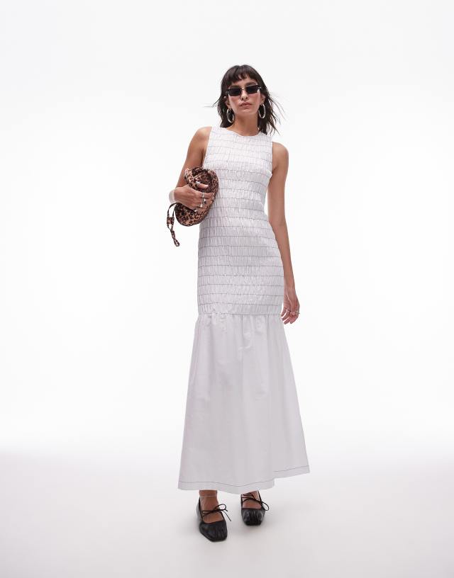 Topshop - shirred maxi dress with contrast top stitch in white