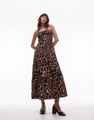 Topshop Shirred Midi Dress In Animal Print-multi