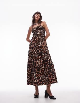 topshop shirred midi dress in animal print