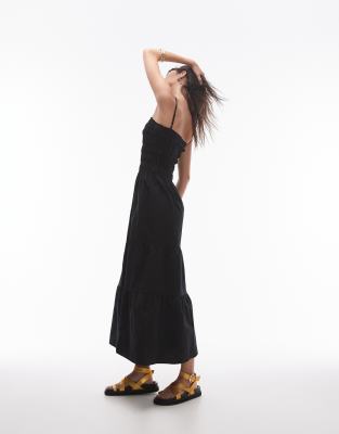 shirred midi dress in black